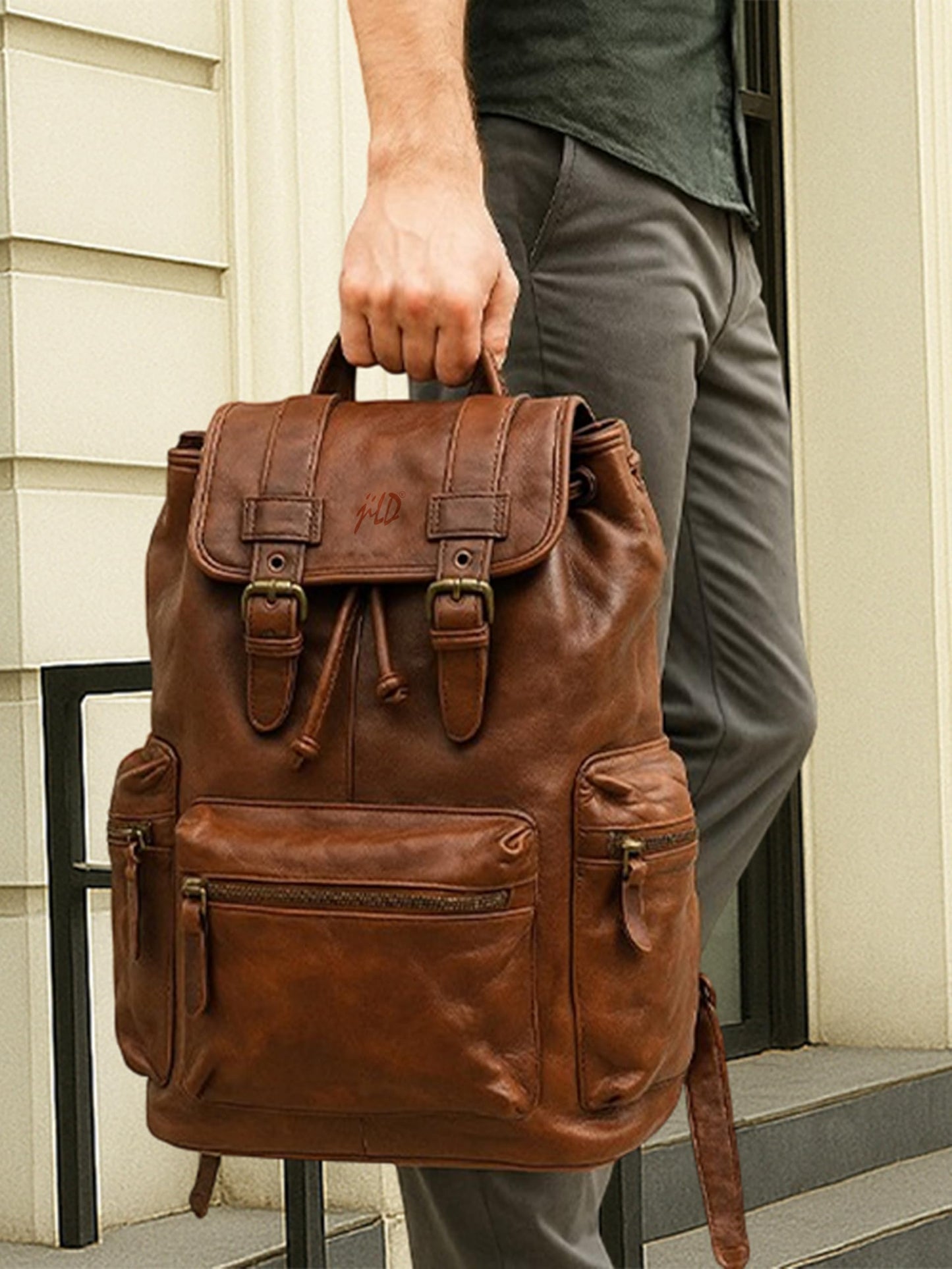 Jild Genuine Cow Leather Backpack for Men or Women — Vintage Backpack Hiking Camping Leather Rucksack Fits 15.6”-16” Laptop (Brown)