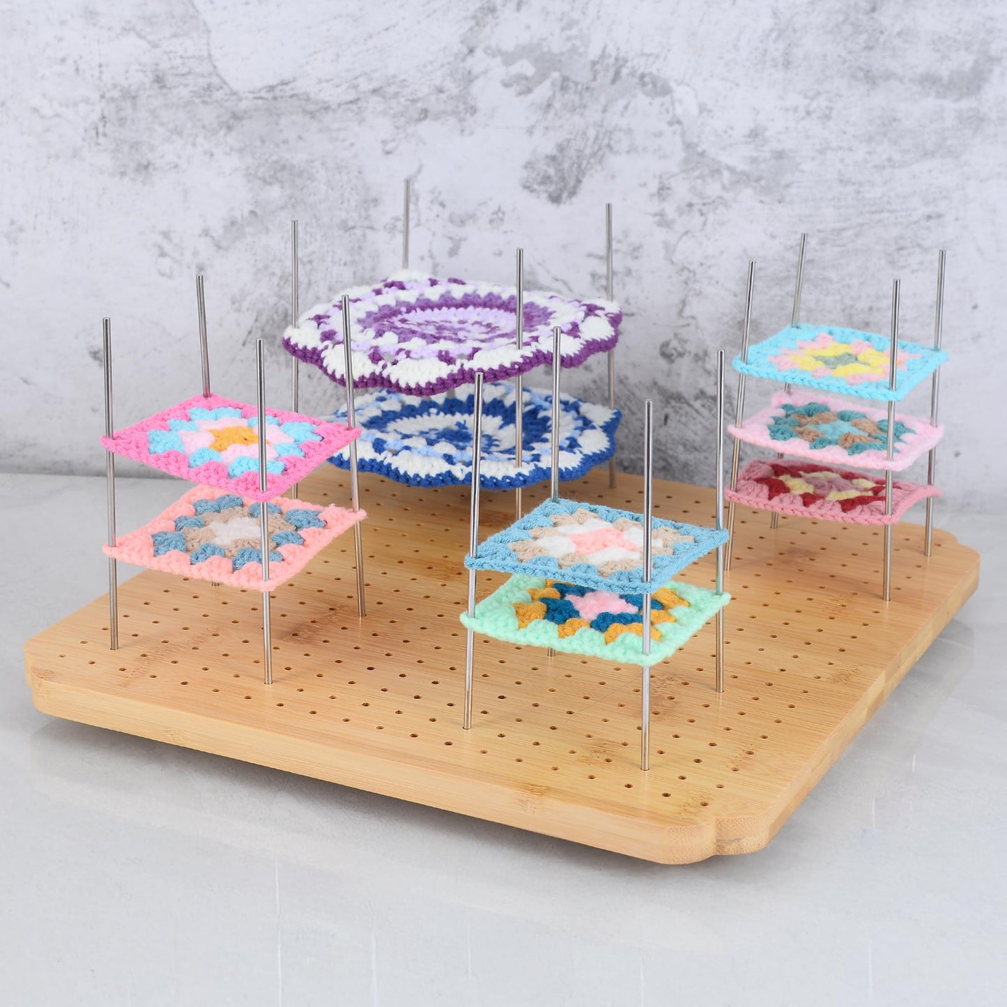 BLELEYLL 13" Crochet Blocking Board with 15 Pegs/Pins,Granny Square Blocking Board,Blocking Boards for Crochet Projects,Wooden Crocheting Accessories Gifts for Crocheters.