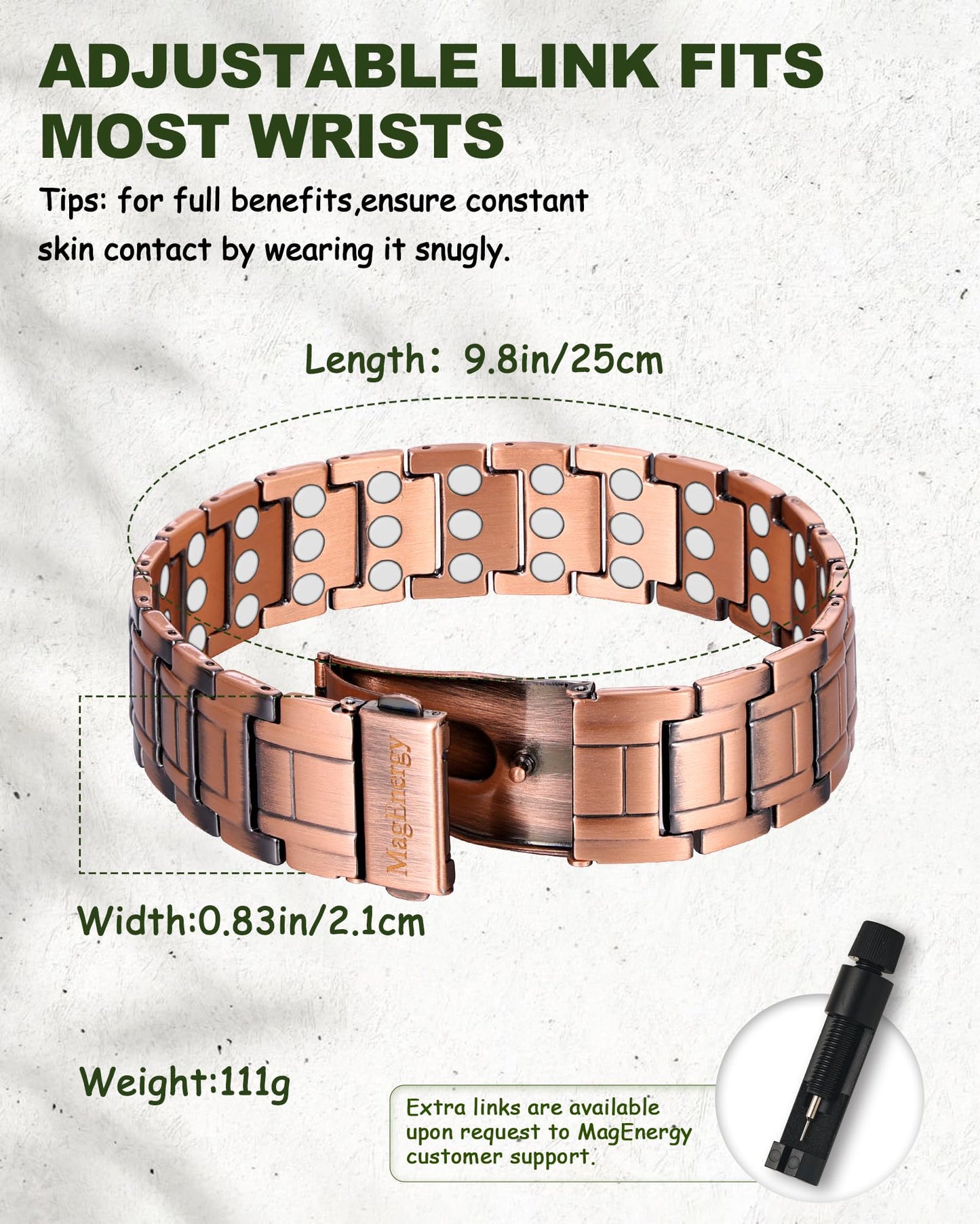 MagEnergy Copper Bracelet for Men, 3X Strength Magnetic Bracelet & 3800 Gauss Magnets, Copper Jewelry Gifts, Premium Fold-Over Clasp