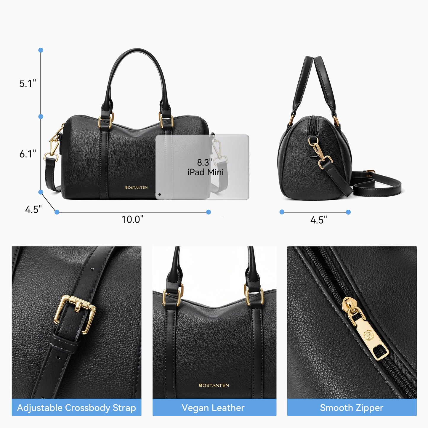 BOSTANTEN Crossbody Purse for Women Vegan Leather Satchel Bag Top Handle Shoulder Handbag for Daily, Travel, Black