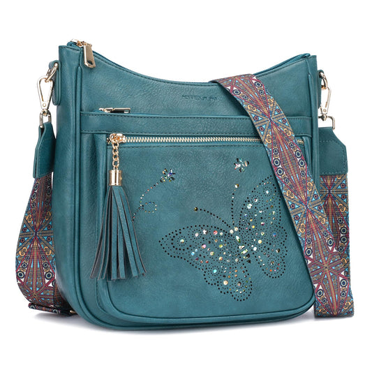 KITEVIUN Medium Crossbody Bags for Women Trendy, Vegan Leather Crossbody Purse Butterfly Design, Women's Shoulder Handbags with Tassel