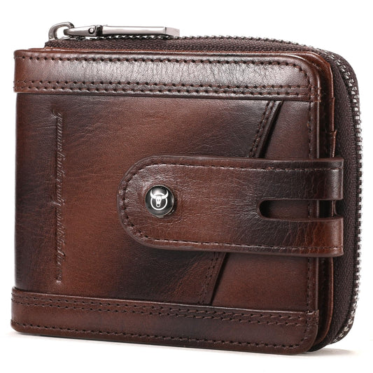 BULLCAPTAIN Genuine Leather Men's Wallet with Zipper Vintage RFID Blocking Large Capacity Wallet for Men with 14 Credit Card Slots and 1 ID Window T23 (Coffee)