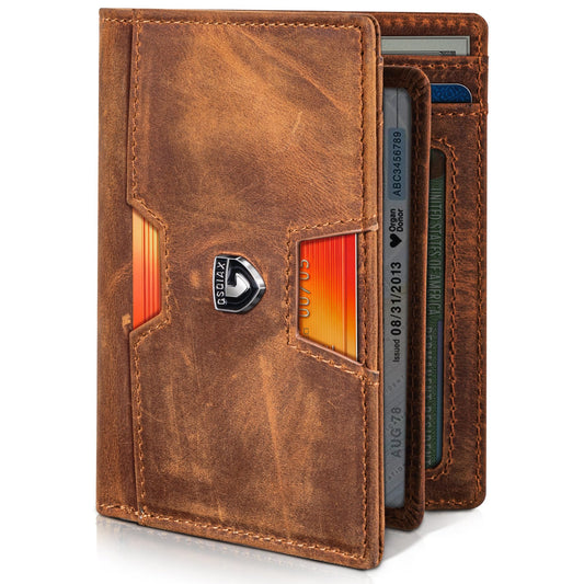 GSOIAX Wallet for Men, Slim Top Grain Leather Wallet with 13 Card Slots & 1 Bill Compartment - RFID Blocking Thin Minimalist Bifold, Front Pocket Credit Card Holder, Mens Birthday Gift (Brown)