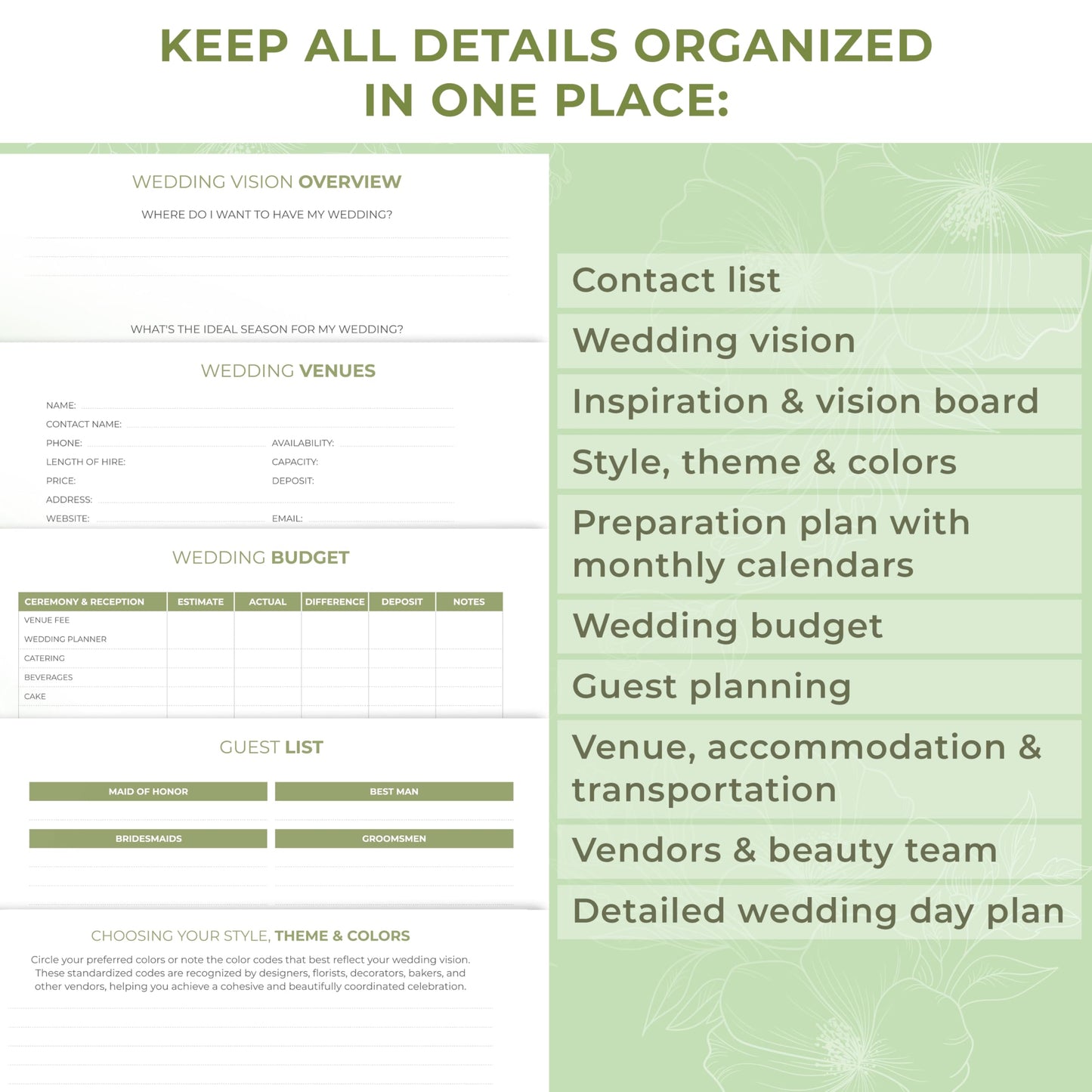 Clever Fox Wedding Planner Book and Organizer – Guided Wedding Planning Journal & Bridal Notebook with Tips & Checklists – Engagement Gifts for Bride or Engaged Couple (Green, White Foil)