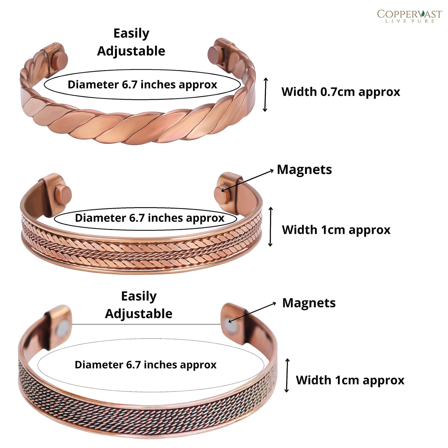 Coppervast Copper Bracelets- for Men and Women| Set of 3 with Gift Bag | Gift for Men and Women |Handmade 100% Copper (Copper9)