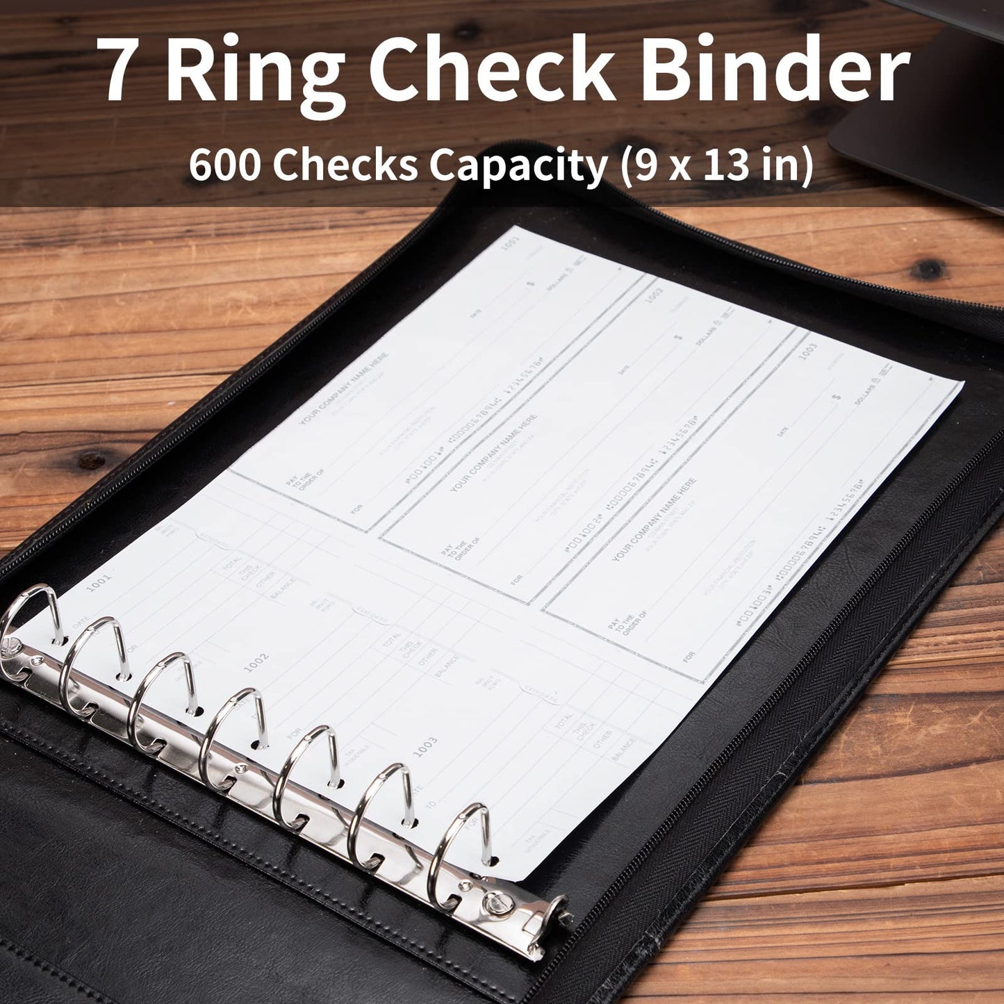 Geslun 7 Ring Check Binder, Vegan Leather Business Checkbook Cover Holder, 3-On-A-Page for 600 Checks (9 x 13”), Desk Commercial Cheque Zippered Folder, Black