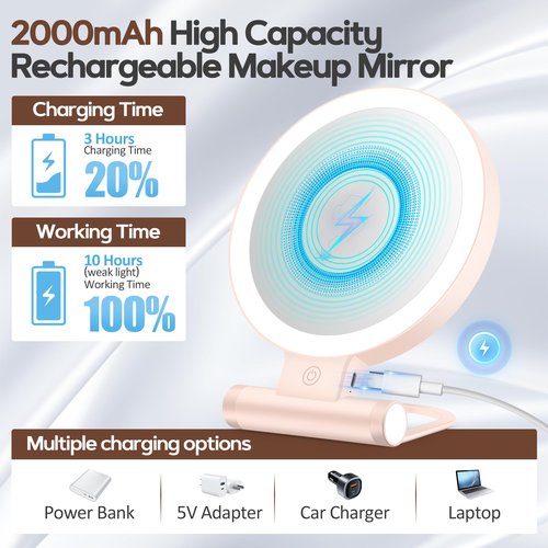 B Beauty Planet Magnifying Mirror with Light 30X, Double-Sided 1X/30X Magnifying Makeup Mirror with Tweezer, 2000mAh 3 Colour Modes with Adjustable Brightness,Foldable Compact Travel Mirror(Pink)
