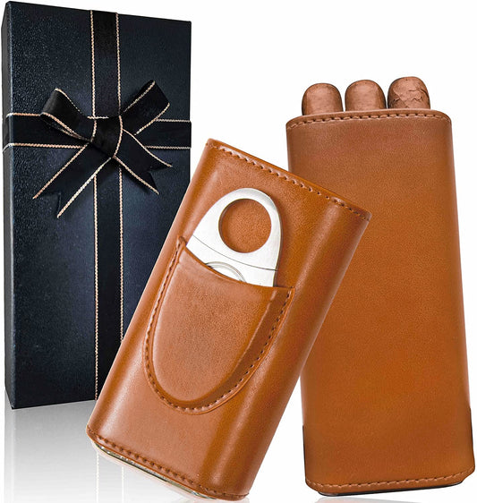 Leather Cigar Travel Case with Cutter & Gift Box - Wood Lined Humidor, Perfect Cigar Accessory Gift for Men
