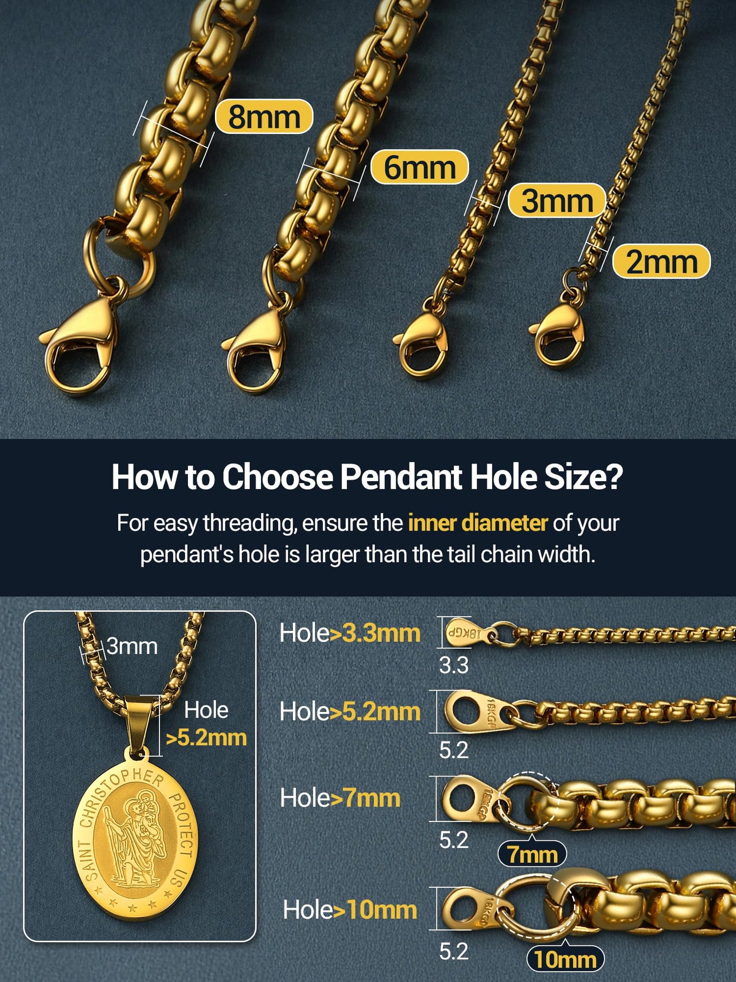 PROSTEEL Squre Rolo Link Chains, 18K Gold Chain Necklace Waterproof & Non Tarnish 3mm Stainless Steel Link Chains for Men and Women Jewelry with Gift Box 18in