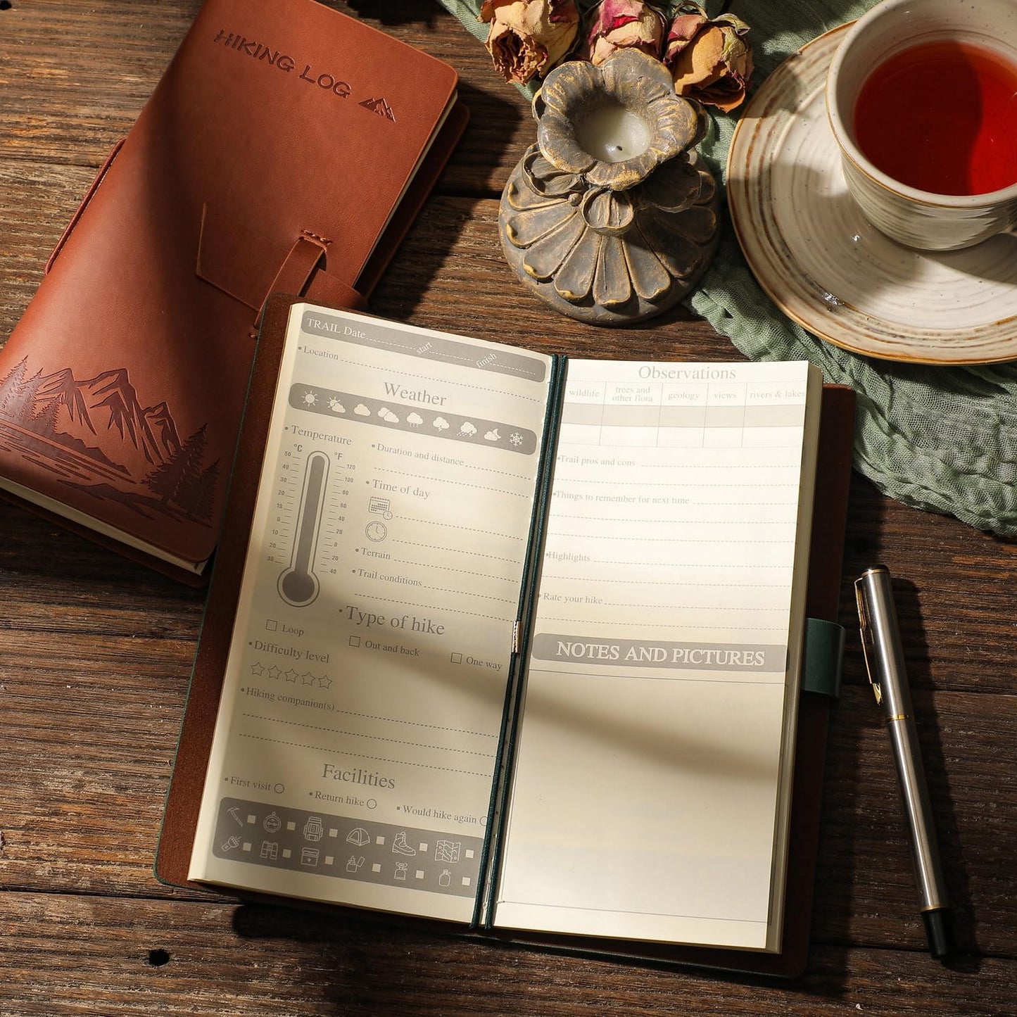 Fulmoon 2 Pcs 8 x 3.7 Inch Hiking Logbooks Books PU Leather Hiking Journal for Travel Diary Planner Birthday Gifts Adventure Sketchbook Women Men Lovers, Green, Brown