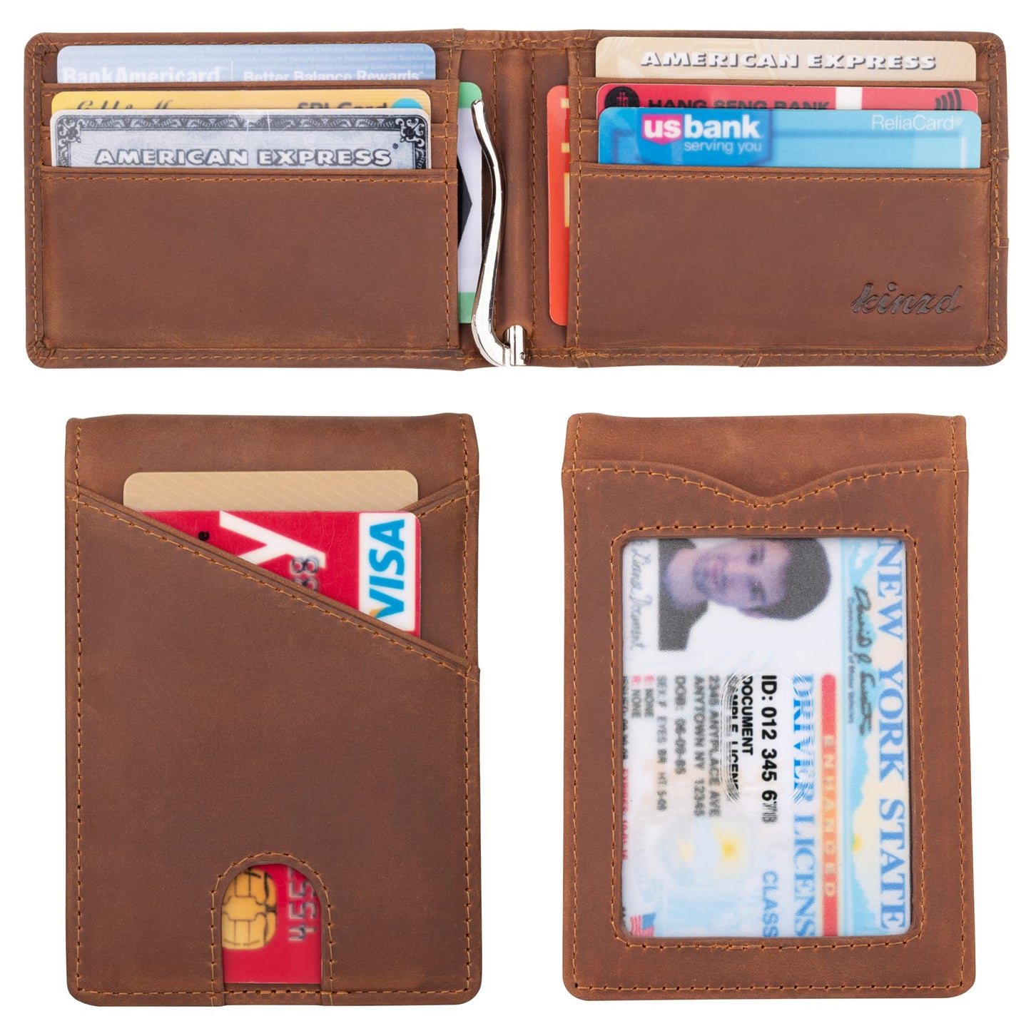 kinzd Slim Wallet with Money Clip RFID Blocking Minimalist Bifold Wallet for Men Genuine Leather Front Pocket Card Holder