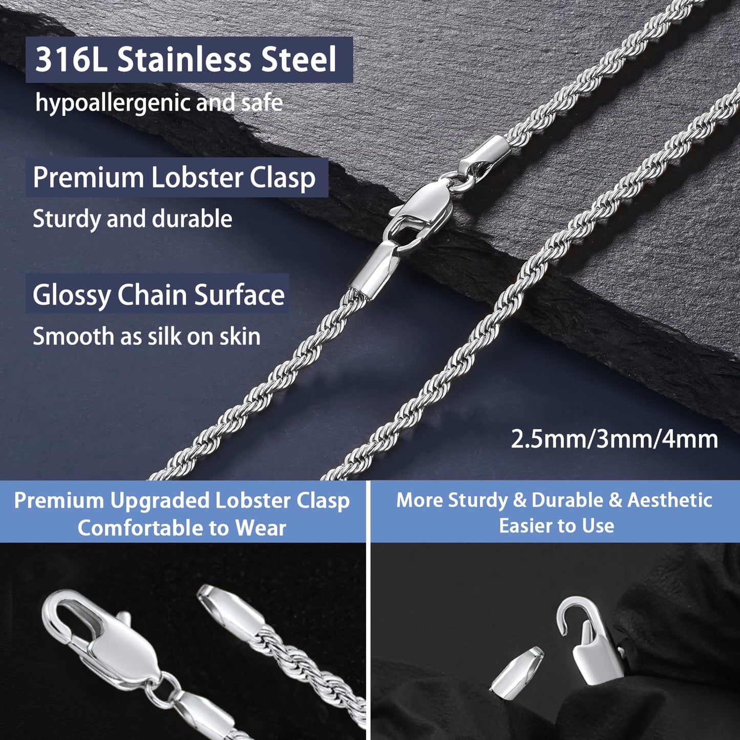 Jewlpire Silver Tone Chain for Men, 3mm Stainless Steel Rope Chains Silver Chain Necklace for Men Sturdy Mens Chains Necklace, 20 Inch