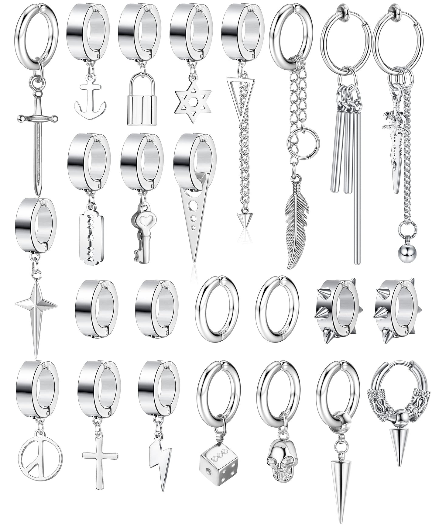 Thunaraz 25 Pcs Clip-on Earrings - Stainless Steel Cross, Chain, Dangle, Black Fake Earrings for Men & Women - Non-Pierced Huggie Hoop Set