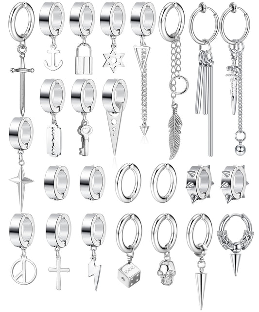 Thunaraz 25 Pcs Clip-on Earrings - Stainless Steel Cross, Chain, Dangle, Black Fake Earrings for Men & Women - Non-Pierced Huggie Hoop Set