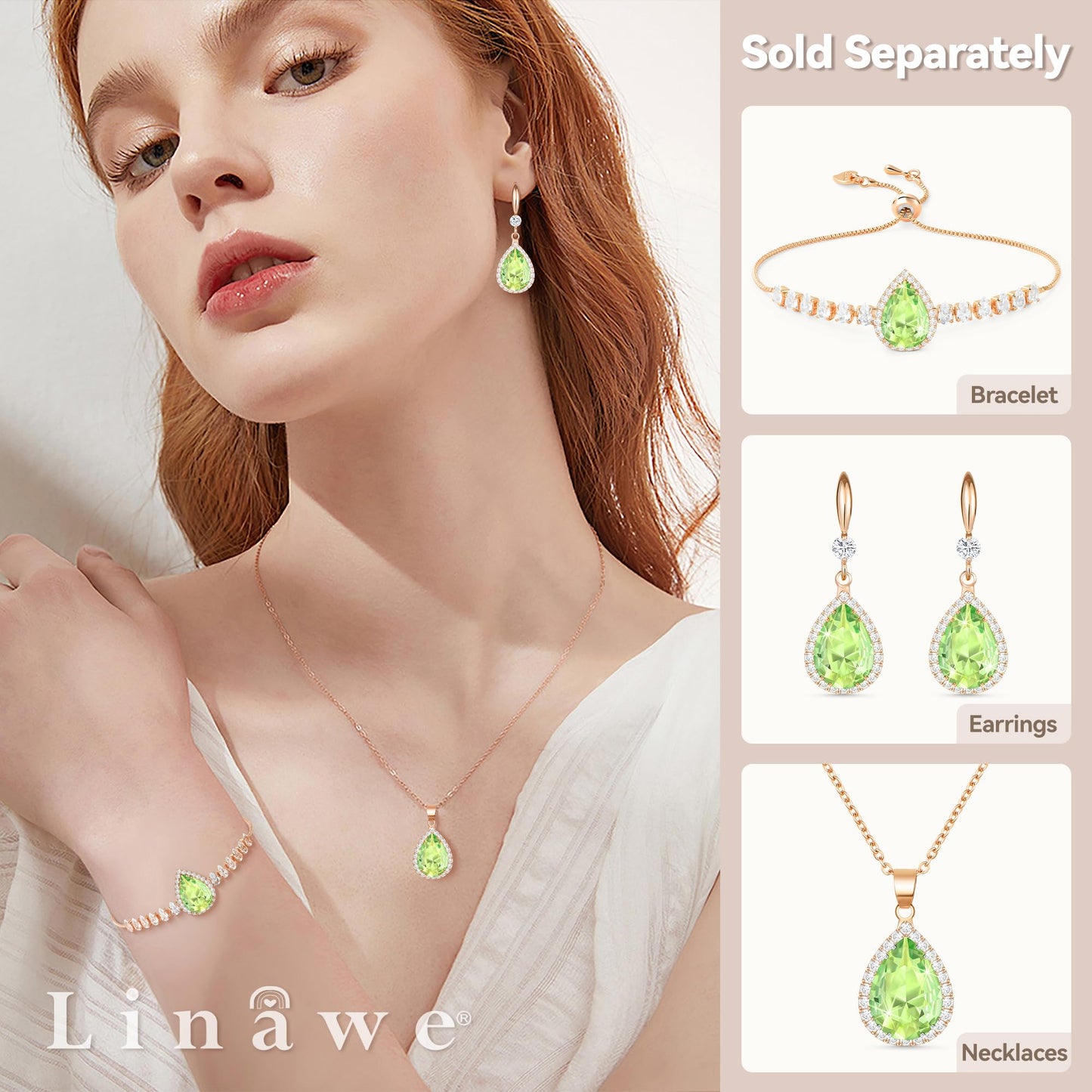 Linawe Crystal Imitation Diamond Green Necklaces for Women Trendy, Rose Gold Preppy Moissanite Birthstone Choker Pendant Necklace Statement Aesthetic Gemstone Jewelry Set