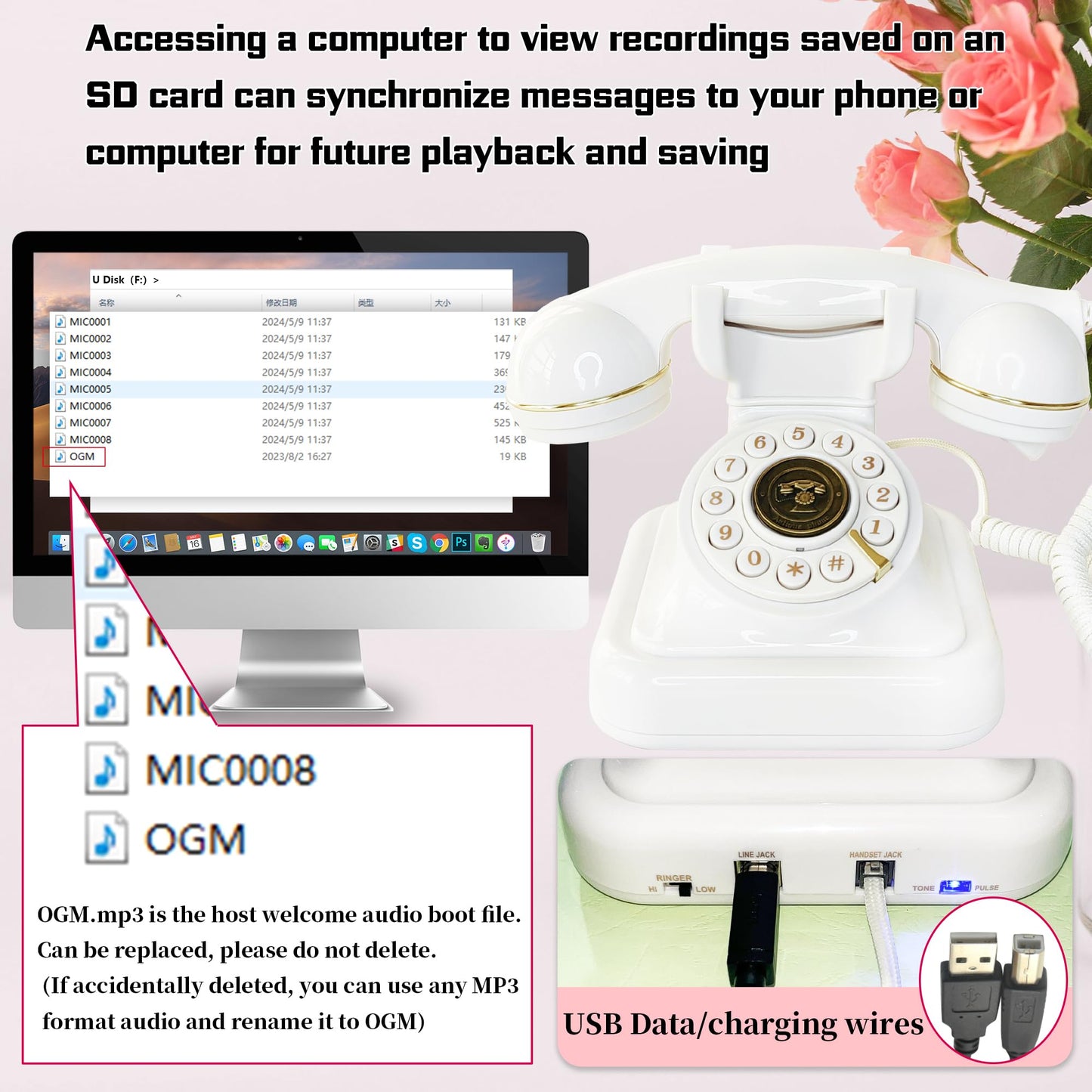 FiayaCom Audio Guest Book Wedding Phone with One-Touch Playback & Adjustable Volume for Wedding, Anniversary, Birthday Parties, Tattle Phone for Classroom(White+Sign)
