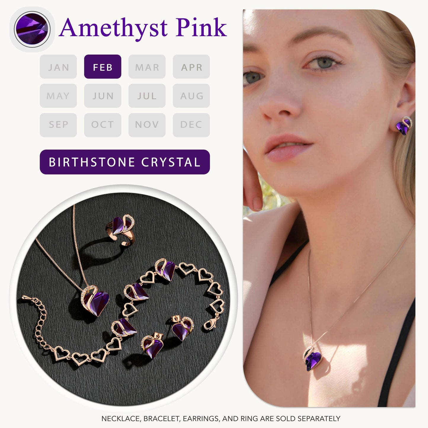 Leafael Gifts for Women Rose Gold Plated Necklaces: Heart Dark Amethyst Pink Crystal, February Birthstone, Hypoallergenic Chain (18"+2"), Birthday Jewelry for Mom and Wife