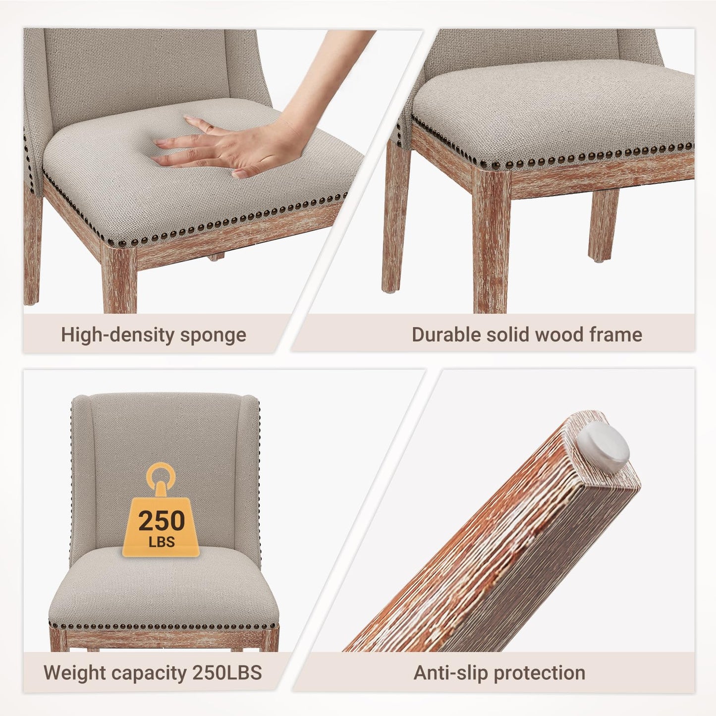 MALOL Upholstered Dining Chairs Set of 4, Premium Fabric Accent Chairs with Nailhead Trim, Curved Backrest & Solid Wood Legs for Dining Room, Kitchen & Living Space, Beige