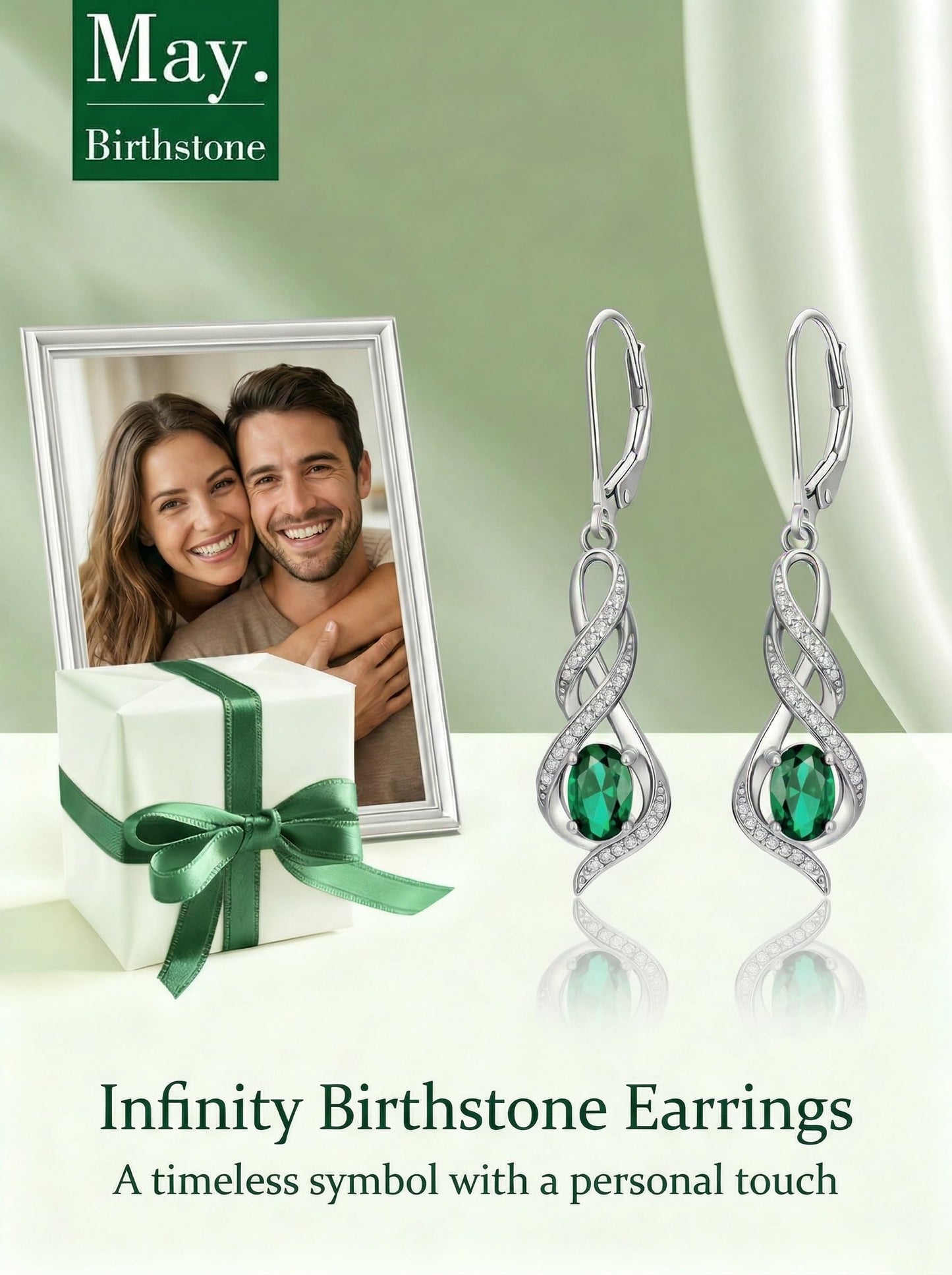 POIUY Woman Gifts for Birthday Emerald May Birthstone Infinity Leverback Dangle Earrings Hypoallergenic Drop Earrings Love Jewelry Anniversary Christmas Wedding Gift for Mom Wife Sister Daughter Girlfriend