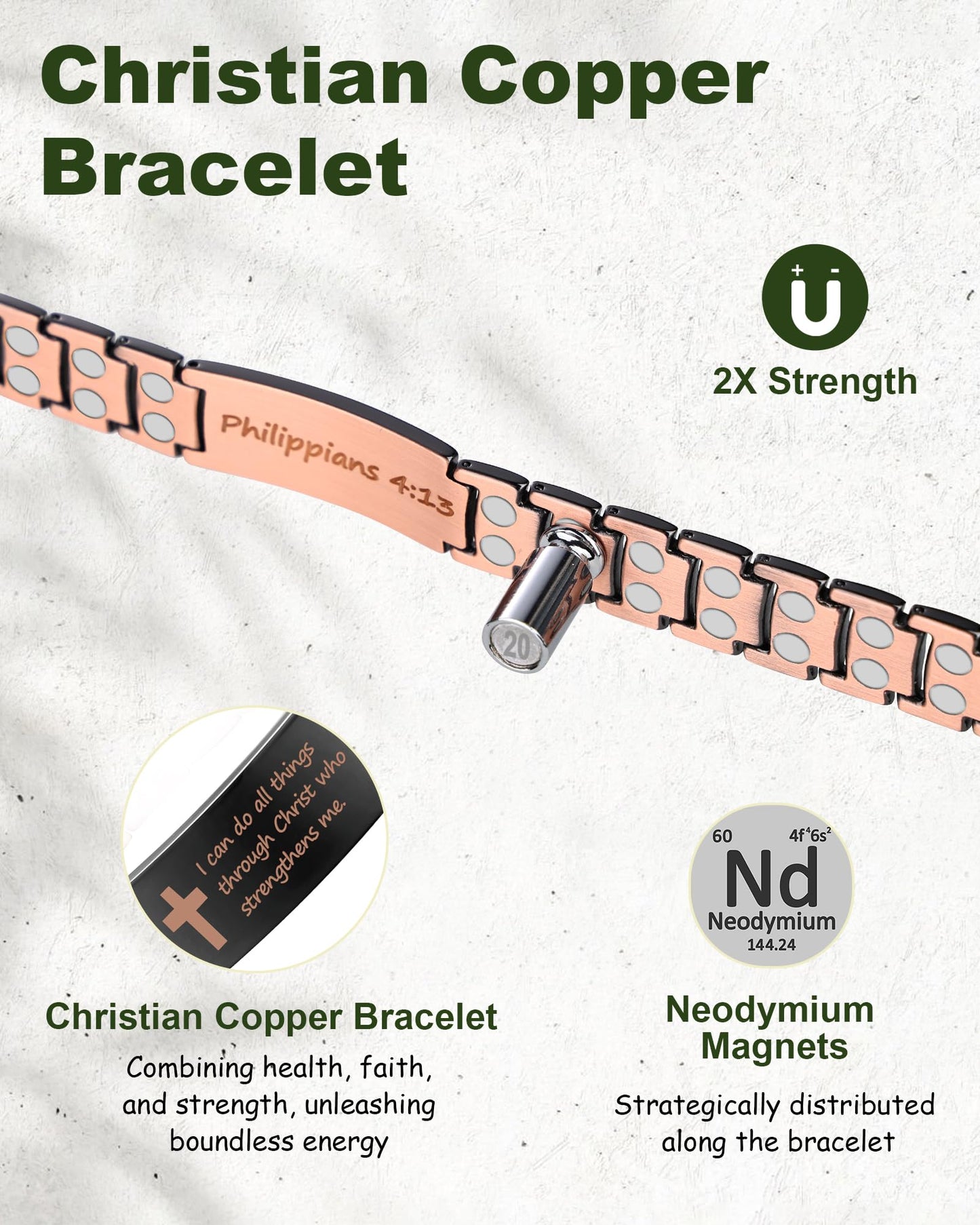 MagEnergy Copper Bracelet For Men, Christian Copper Bracelet For Men, Magnetic Bracelet With Ultra Strength Magnets, Adjustable Biblical Cross Bracelet, Jewelry Gift(Sizing Tool)