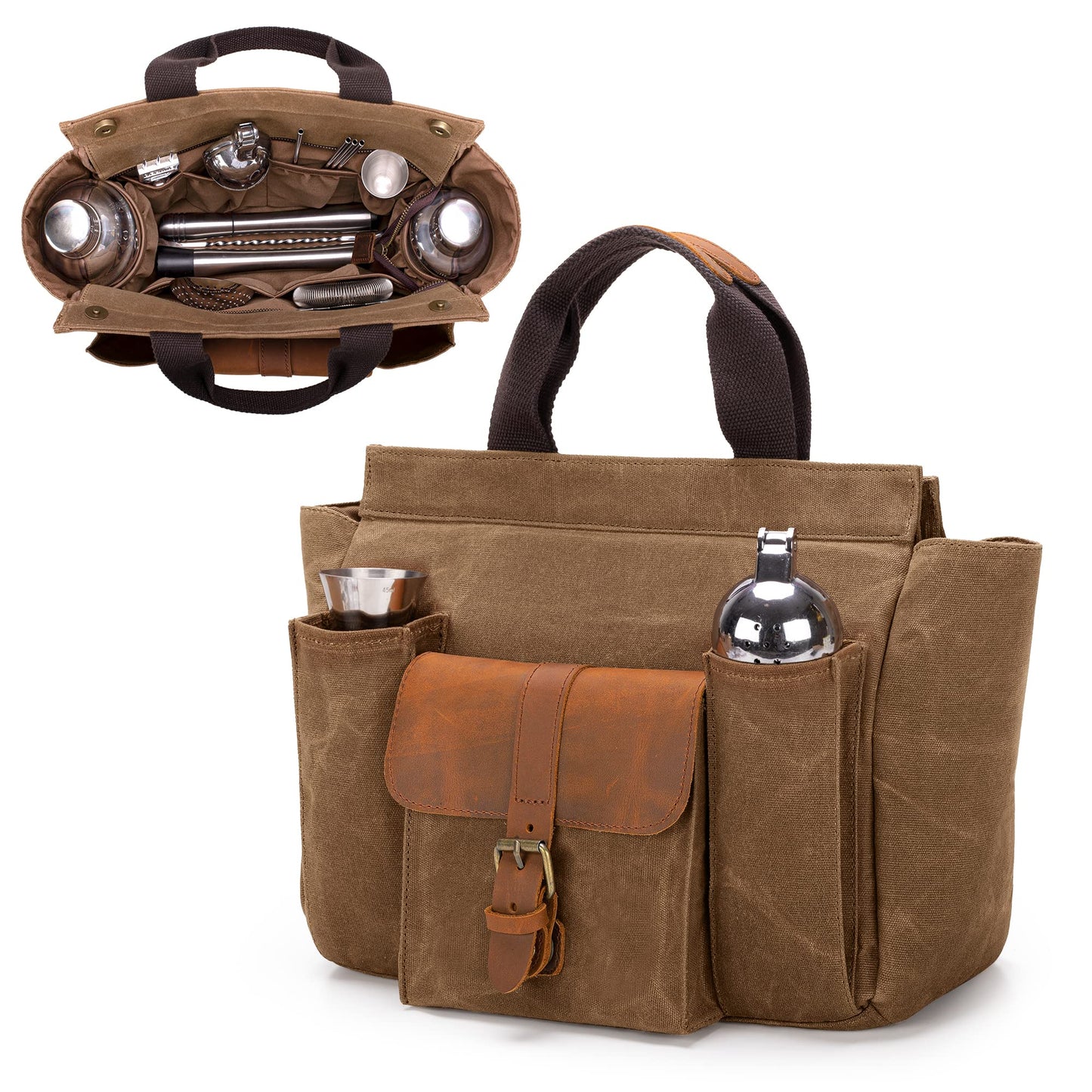 LoDrid Tote Bartender Bag, Genuine Leather Waxed Canvas Portable Carrying Cocktail Shaker Kit Bag with Handle for Travel Home Indoor Outdoor Party (Bag Only)(Patent Design)