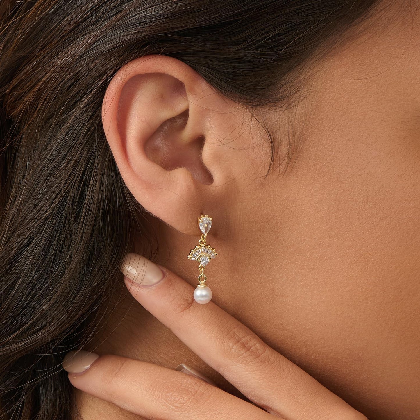PRTGL Pearl Earrings: 14k Gold-plated Cubic Zirconia Accented Pearl Dangle Wedding Engagement Earrings For Women Bridal Bridesmaid (Fan Designed)
