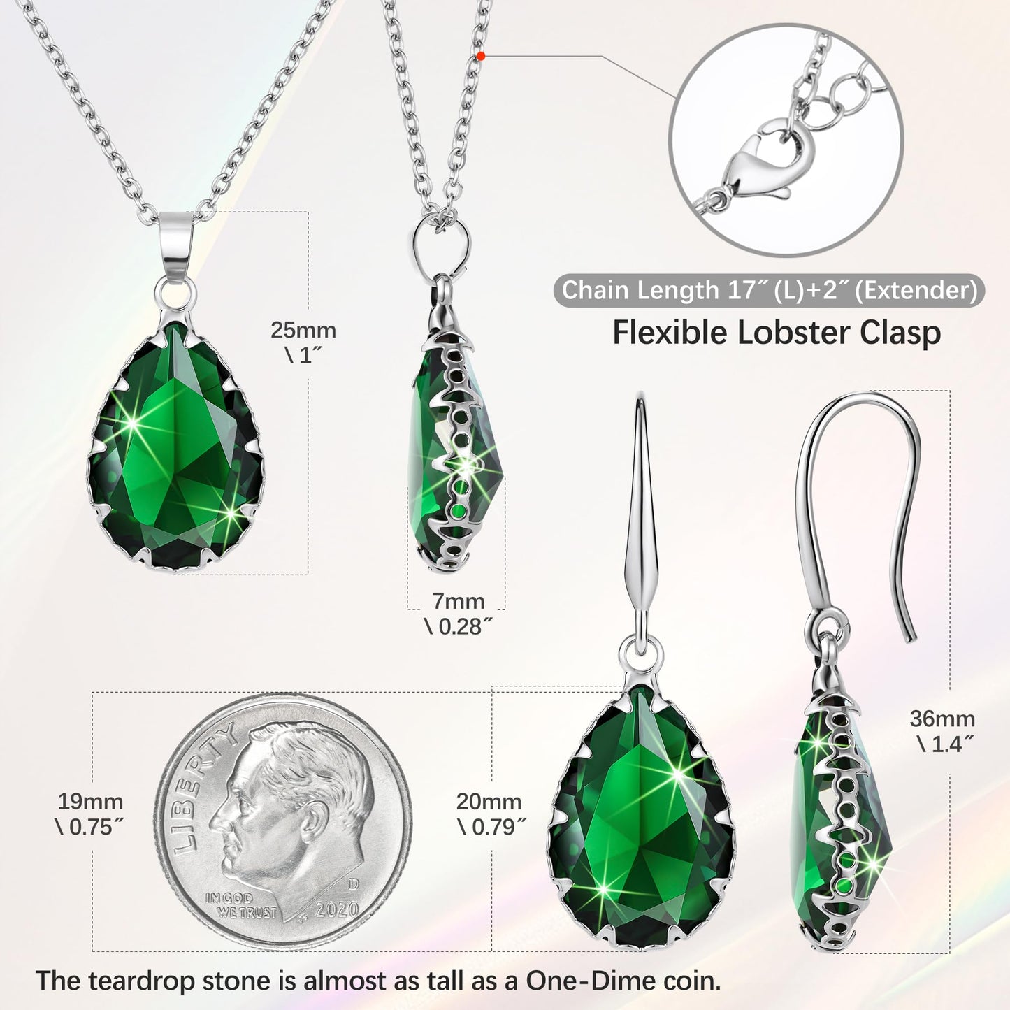 Linawe Emerald Crystal Imitation Diamond Jewelry Sets for Women, Silver Pendant Matching Necklace Set, Green Drop Dangle Earrings Set, Boho Rhinestone Teardrop Jewelry Wedding Bridal Bridesmaid