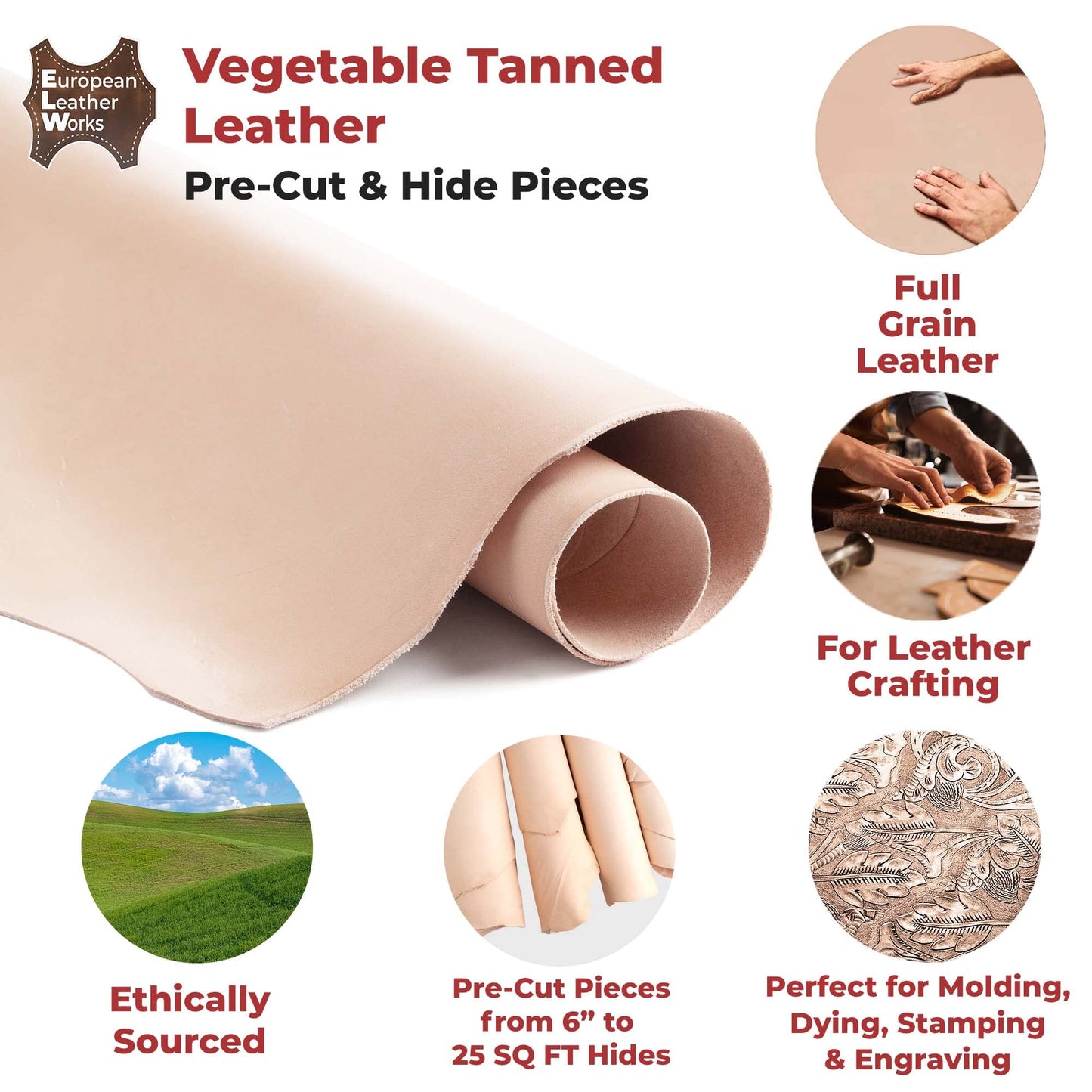 ELW 11-12 oz (4.4-4.8mm) Thickness Weight 8"x8" Vegetable Tanned Leather Cowhide Grade AB Full Grain Leather for Tooling, Carving, Engraving, Molding, Embossing, Stamping, & Dyeing