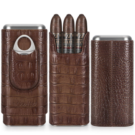 Scotte Cigar Case Leather Cigar Travel Case Cedar Wood Lined Portable Cigar Humidor Box with Cigar Cutter Elegant Cigar Box Great Cigar Accessories for Men