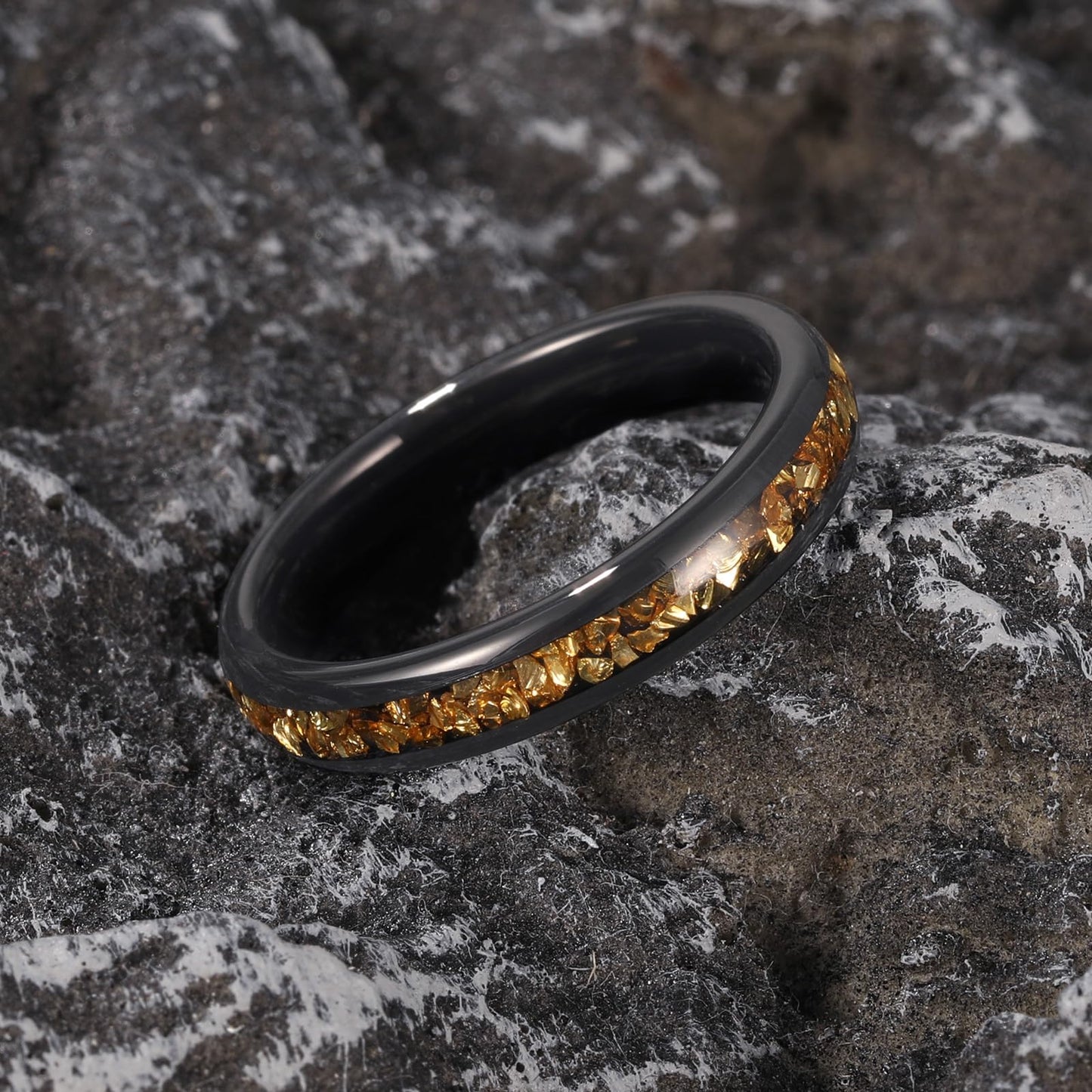 NUNCAD Women's Tungsten Rings 4mm Black Wedding Band Inlaid with Citrine Center Polished Domed Comfort Fit Size 6