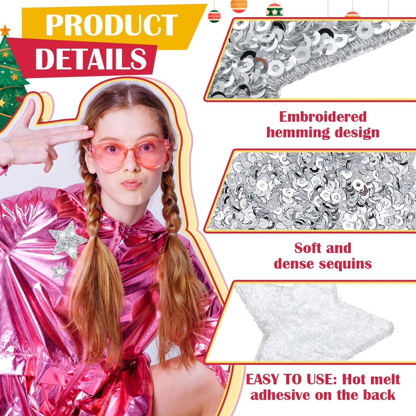 Giegxin 48 Pcs Star Sequin Patches in 4 Sizes Iron on Shiny Patches Embroidered Decorative Appliques for Hats Bags Jackets Jeans Backpacks Costume Clothing Accessory(Silver)