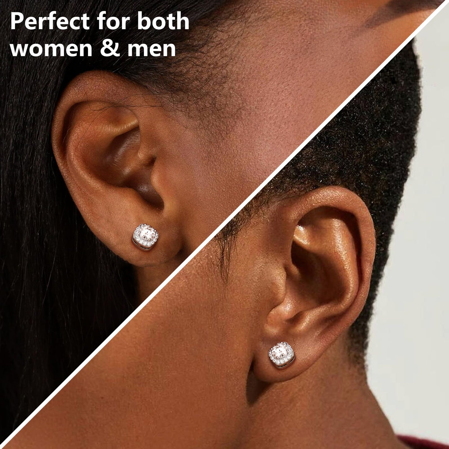 GEMQUEEN Moissanite Magnetic Earrings for Men : 18K White Gold Plated Hypoallergenic Stainless Steel Non Piercing Clip on Fake Earrings Studs Halo Square Diamonique Earring Women D Color VVS1 5MM