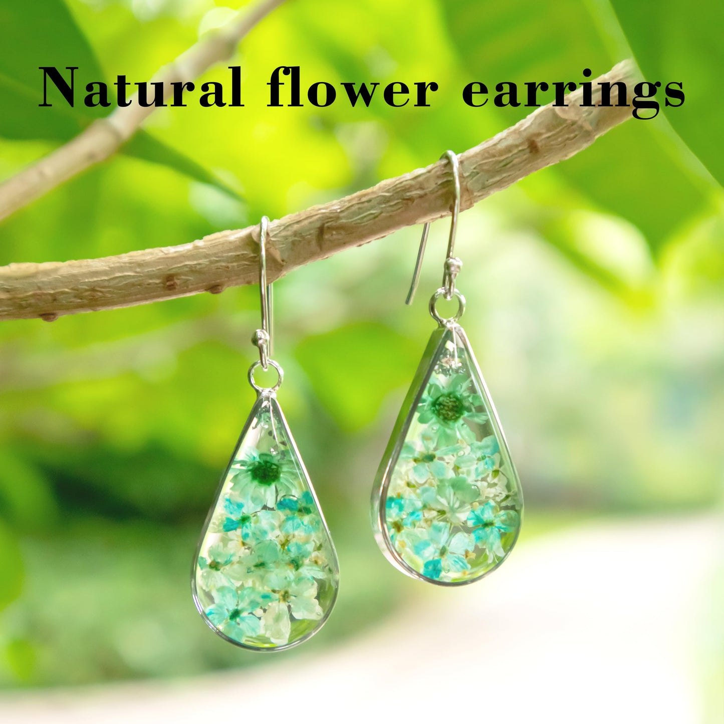 925 Sterling Silver Pressed Flower Teardrop Earrings,Hypoallergenic Women's Jewelry Gift for Mom,Handmade natural dried flower teardrop earrings Jewelry Gift (Green Silver)