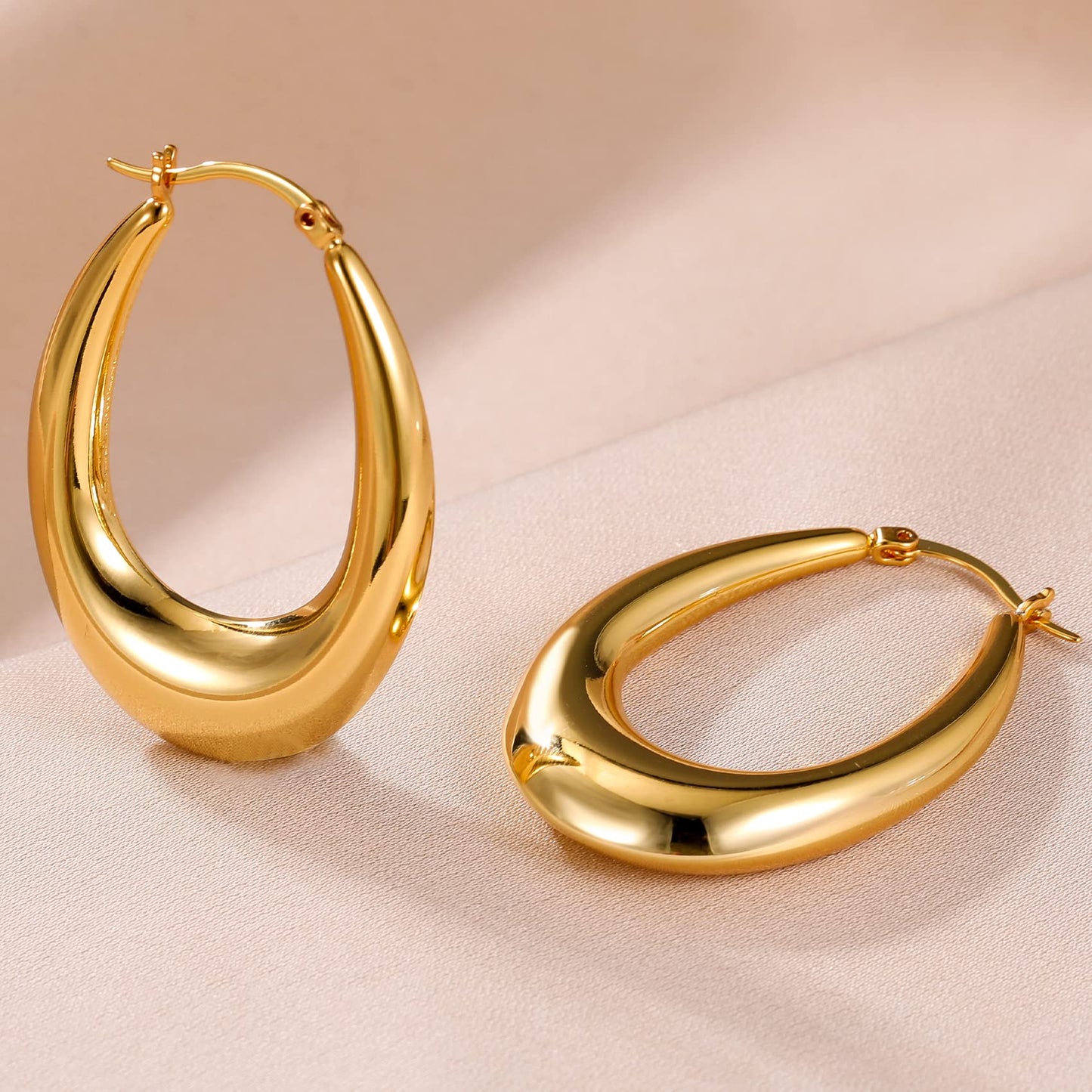 PABBEU Chunky Gold Hoop Earrings for Women, Lightweight 14k Golden Plated Hoops Earrings, Hypoallergenic 925 Oval Golds Hoops Earrings, Thick Gold Hoop Earrings for Women Gifts (30mm)