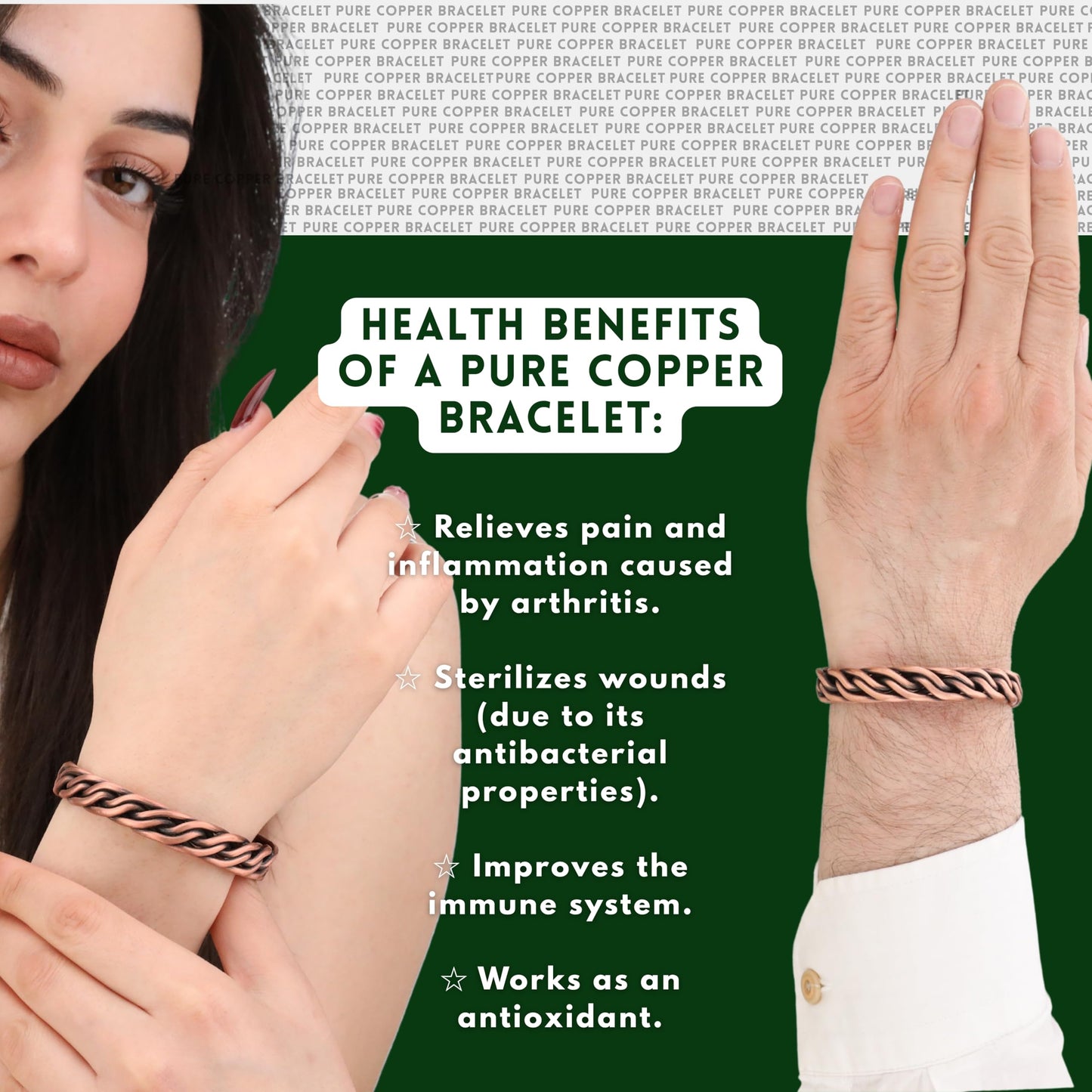 Handmade Elegant Copper Bracelet for Women and Men-Pure Copper Bracelet for Pain Relief and Stress Relief-Adjustable, Thickest, Twisted Copper Wire Bracelet to Fit many Size Wrist(folded) (folded)