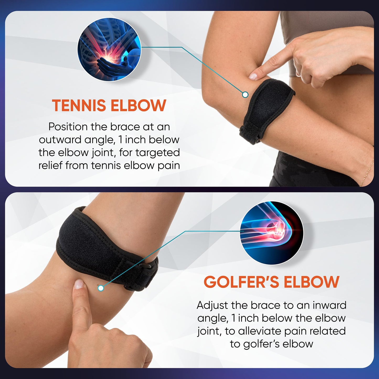 PhysFlex 2-Pack Elbow Brace for Men & Women, Adjustable Tennis & Golfer's Elbow Support Strap for Tendonitis Pain Relief - Compression Pad for Arm, Forearm, Tendon Pain Relief (Gray)