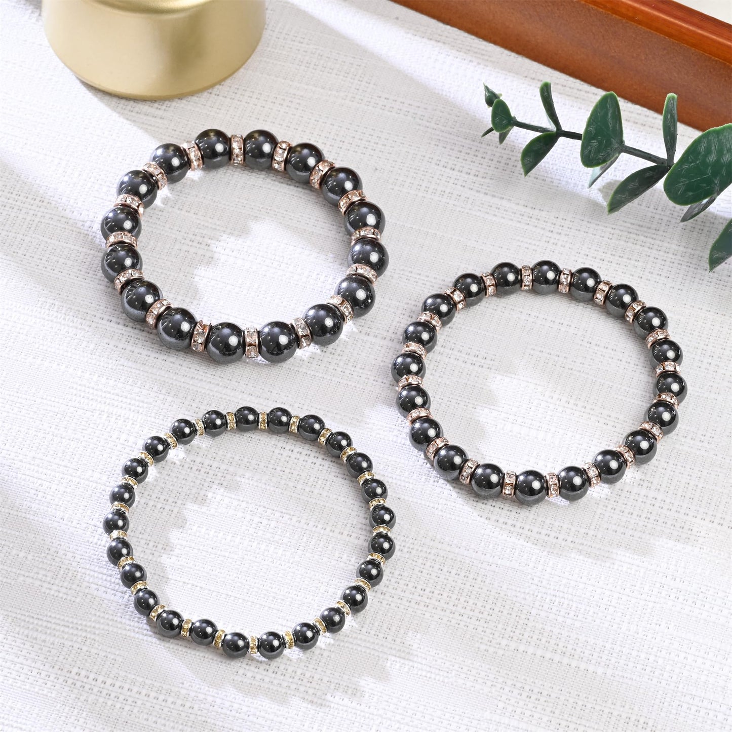 Apocalyptic-K Women's Magnetic Bracelet，Hematite Bracelets，Magnetic Bracelets With Zirconia,Handmade Stretch Bracelet，Eliminates static electricity. (Rose Gold Zirconia,8MM)