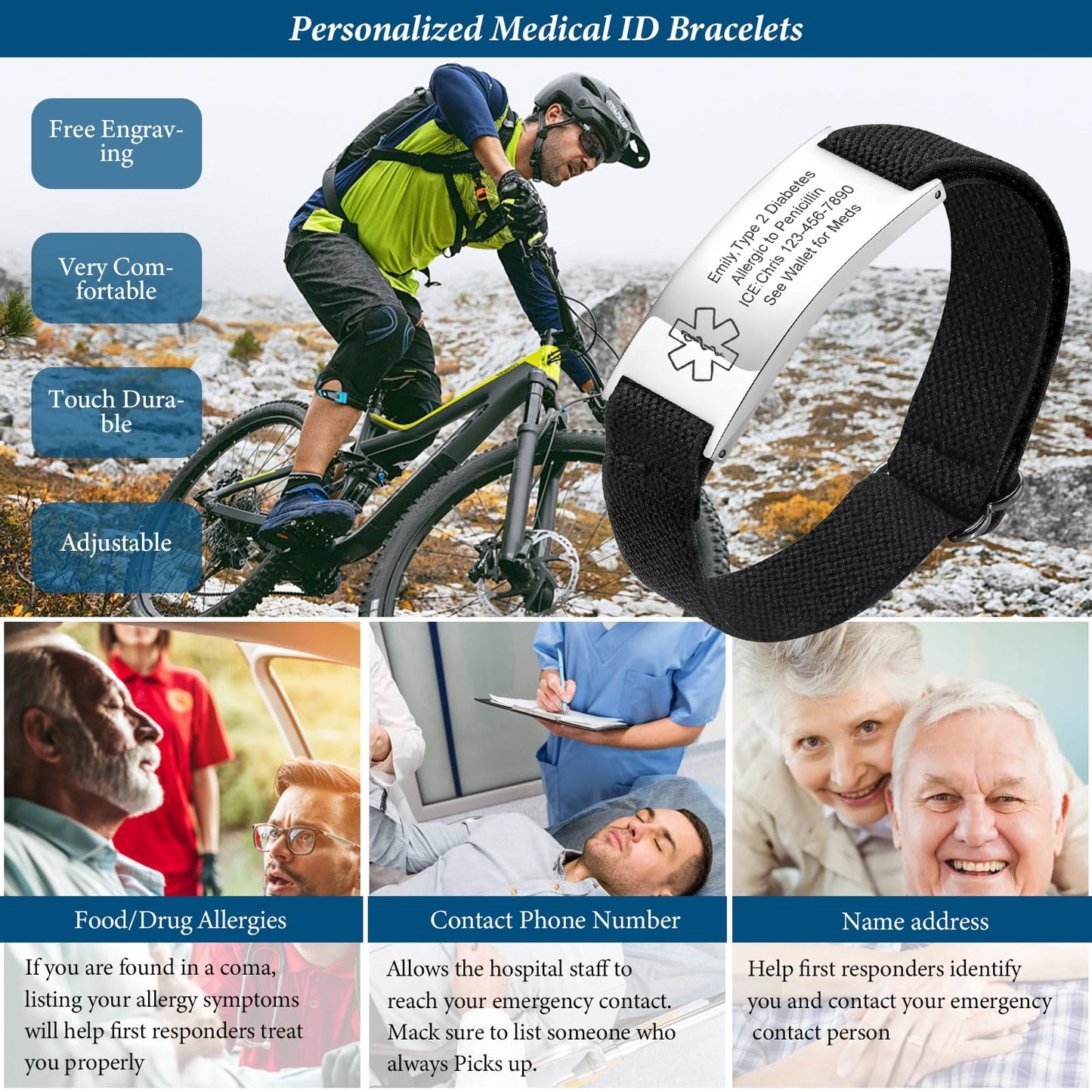 VNOX Medical Alert Id Bracelet for Men Women, Custom Engraving Medical Alert Bracelets for Women Men Patients Stainless Steel Emergency Bracelets Wristband