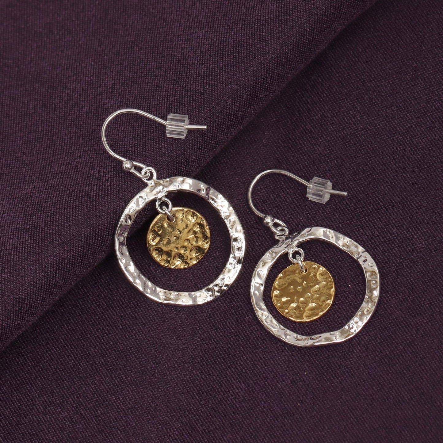 LeCalla 925 Sterling Silver Jewelry Classic Hammered Double Dangling Earrings Italian Hammered Design Two-Tone Disc Drop Earrings for Women 35 MM