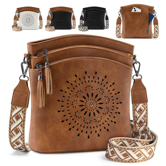RAINSMORE Women's Medium Leather Crossbody Bag - Lightweight Purse for Weekend Shopping, Everyday Outings, Travel, Designer Trendy Shoulder Handbags with Adjustable Guitar Strap, Multiple Pockets