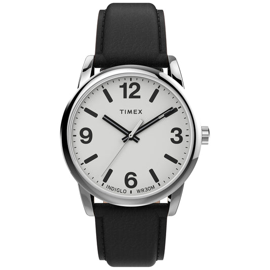 Timex Men's Easy Reader Bold 38mm Watch – Silver-Tone Case White Dial with Black Leather Strap
