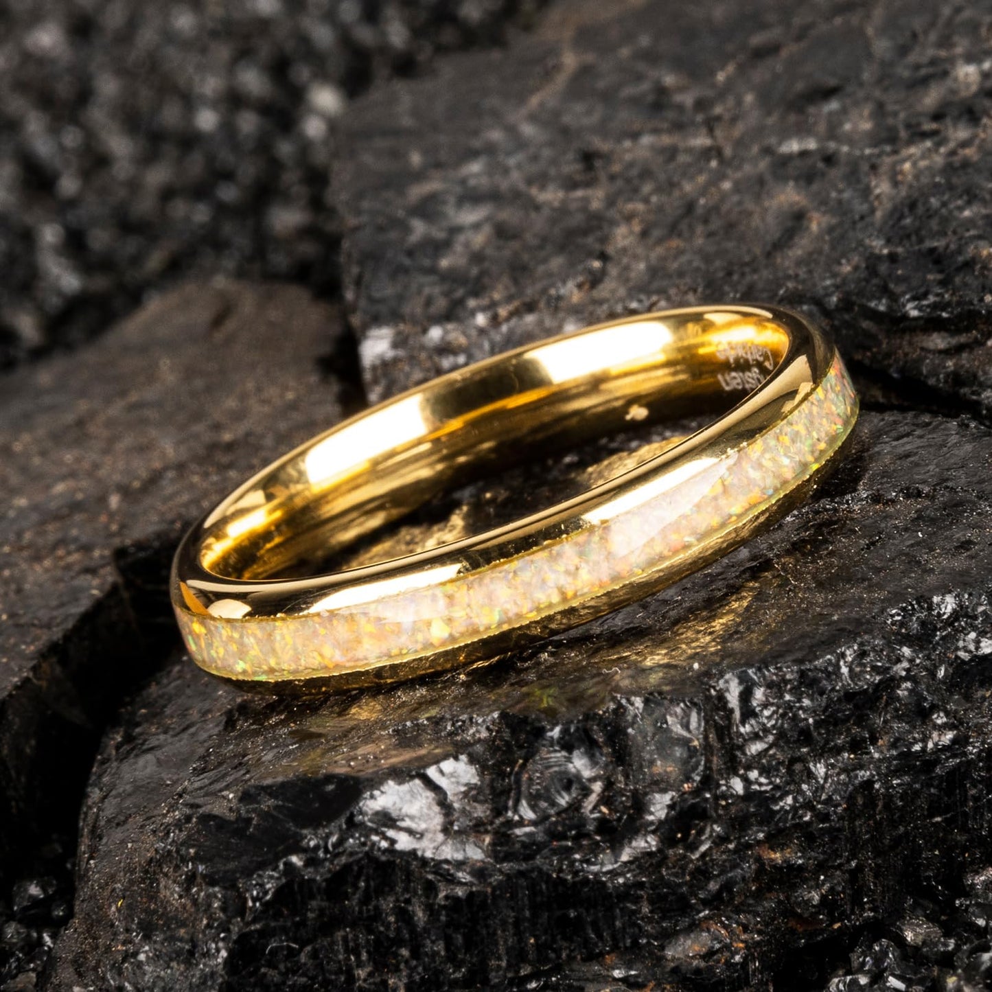 JEWPER 4mm Men Womens Wedding Band Tungsten Rings Gold Fashion Promise Carbide Inlaid White Opal Matte Finish Edge Comfort Fit Size(8)