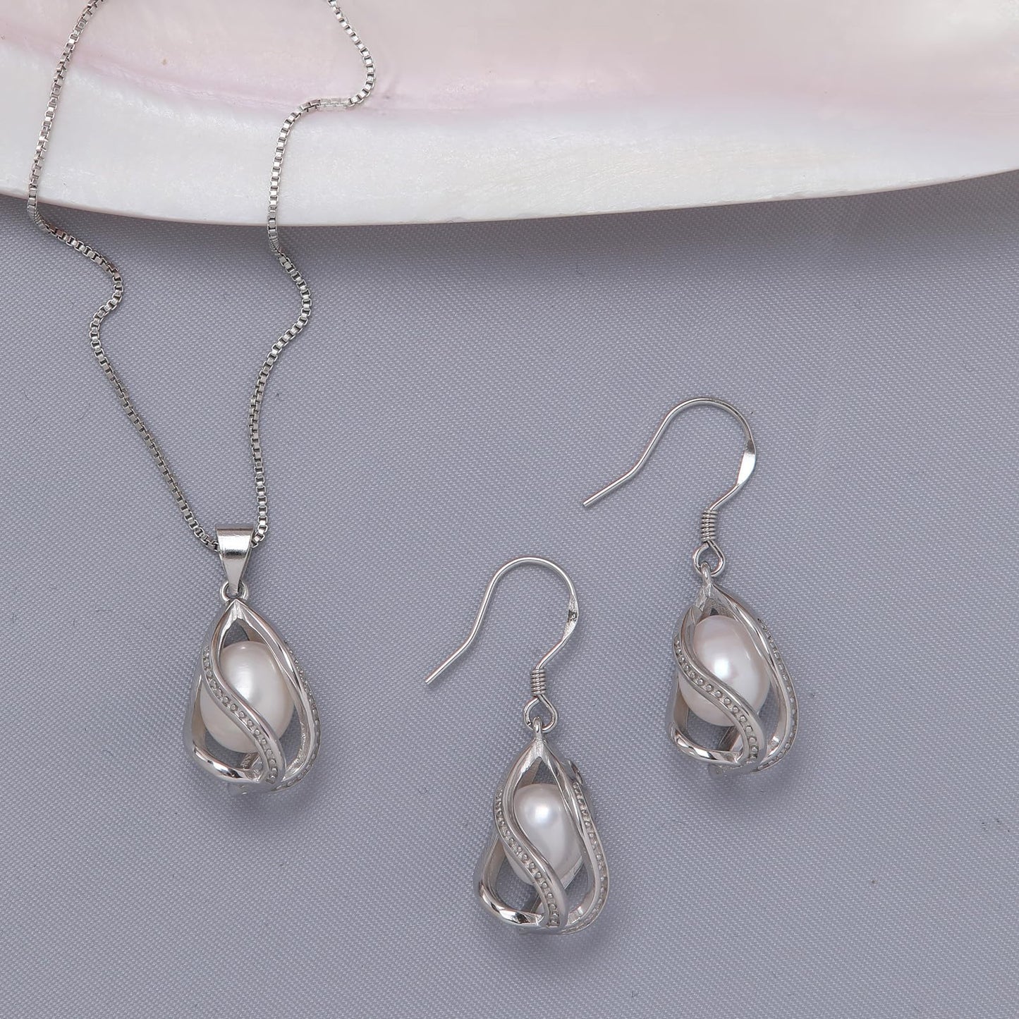 HENGSHENG Pearl Jewelry Set For Women S925 Sterling Silver Necklace & Earrings Set Freshwater Pearl Pendant Cage Set for Wedding Anniversary Prom Birthday Gift - Silvery White