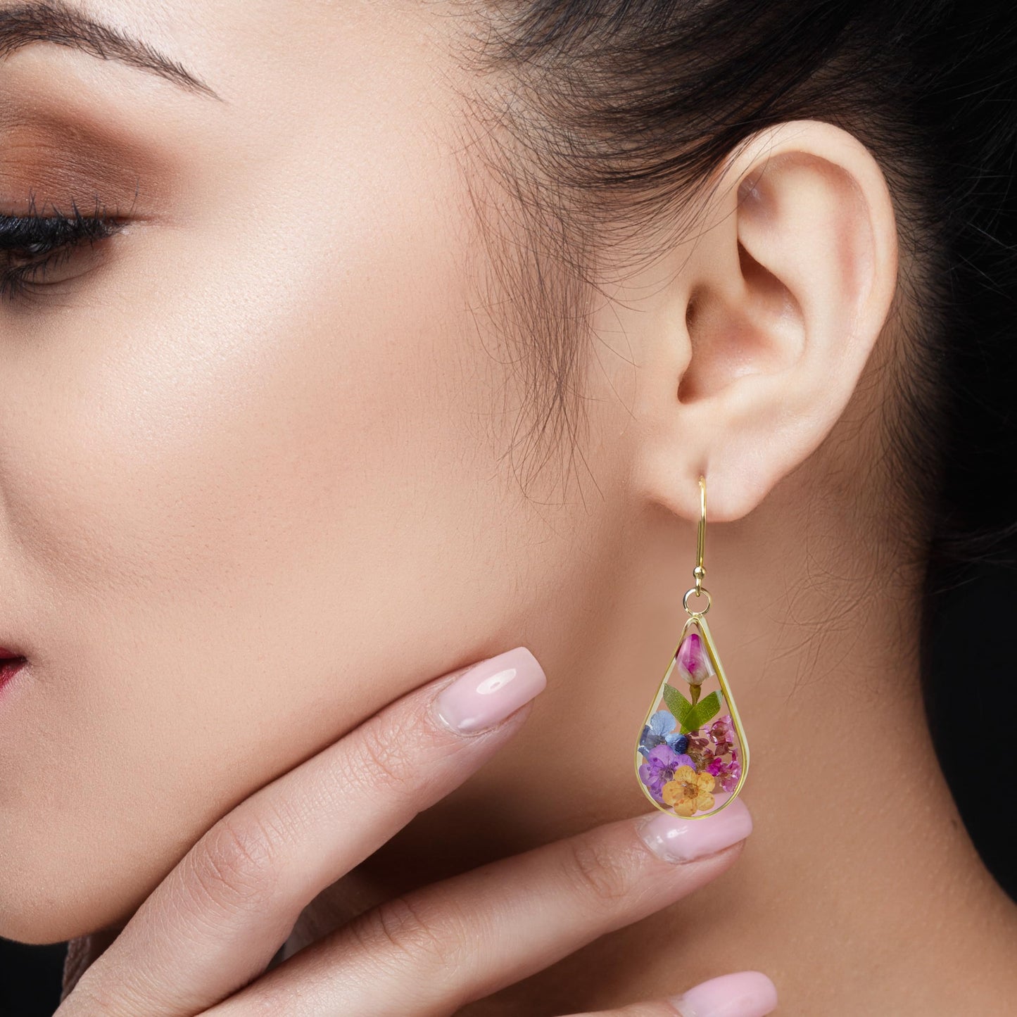 925 Sterling Silver Pressed Flower Teardrop Earrings,Hypoallergenic Women's Jewelry Gift for Mom,Handmade natural dried flower teardrop earrings Jewelry Gift (Golden Rose)
