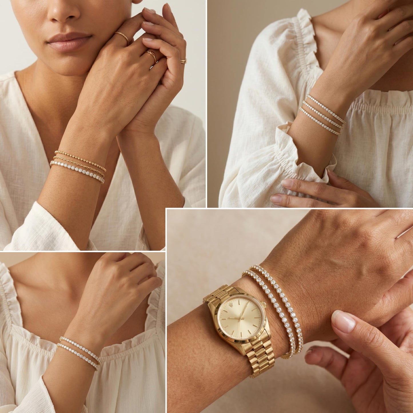 Dainty 2mm Gold Tennis Bracelet Set for Women, 14K Gold Plated Triple Stackable Zirconia Bracelets, Minimalist Professional Jewelry for Business Casual Office Wear, 3-Piece Sparkle Wrist Set