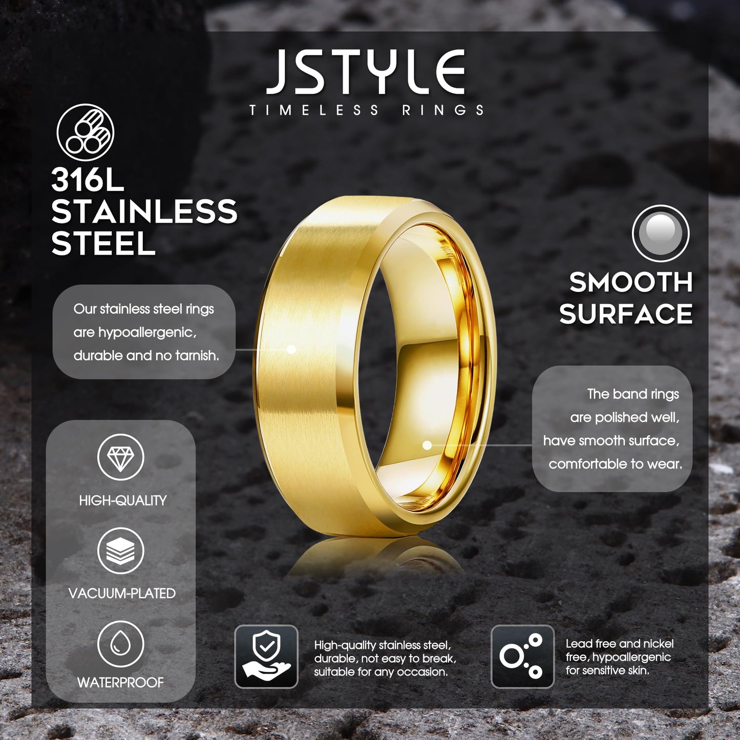 Jstyle Stainless Steel Rings for Men Women 8MM Wedding Band Rings Matte Surface - Beveled Polished Edge Mens Ring Size 7.5 18K Gold Plated Ring for Men