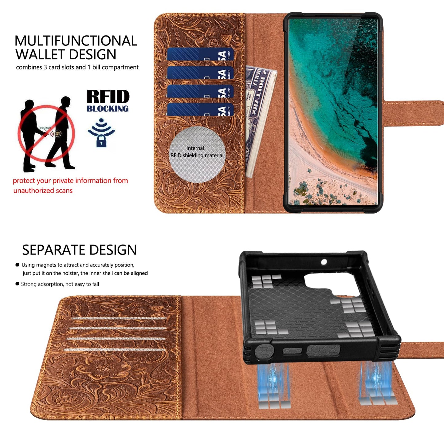 RMAWRAD Leather Case Wallet Compatible with Samsung Galaxy S23 Ultra,Genuine Leather2-in-1Magnetic Detachable Shockproof,Flip Folio Cover with Card Slot, RFID Blocking Brown