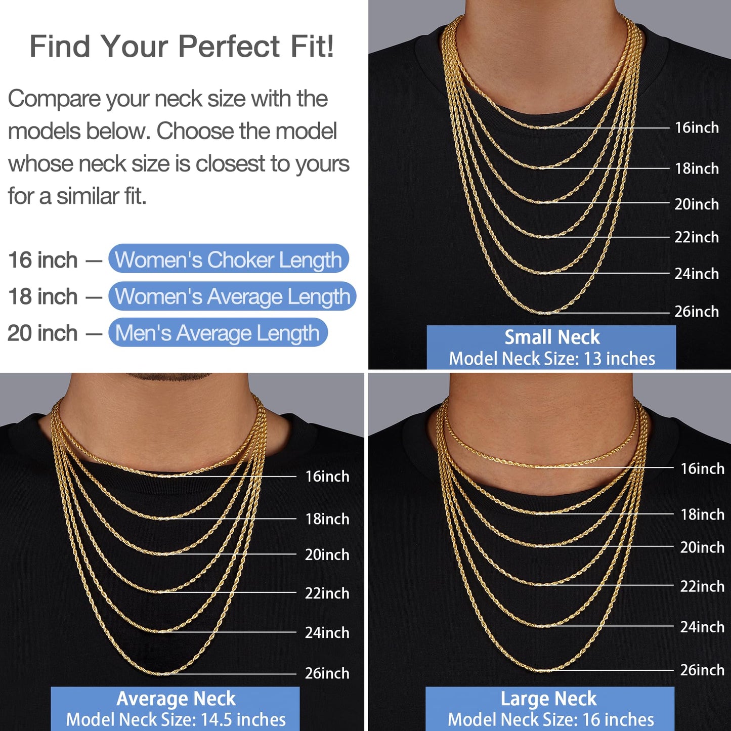 Jewlpire 14K Gold Plated Chain Necklace for Women, 2.5mm Rope Chains 14K Gold Plated Chain for Women Sturdy Womens Chains Necklaces, 20 Inch