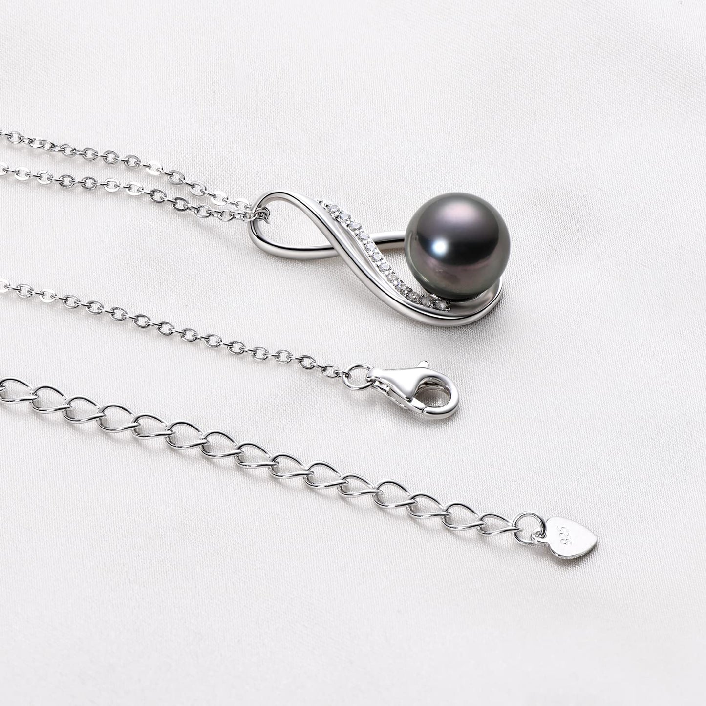 DENGGUANG Tahitian Black Pearl Necklace for Women, 9-10mm Cultured Round Pearl Infinity Pendant with Moissanite, 925 Sterling Silver Adjustable Chain 18+2", Anniversary Wedding Birthday Christmas Gift for Wife Mom, Women Jewelry
