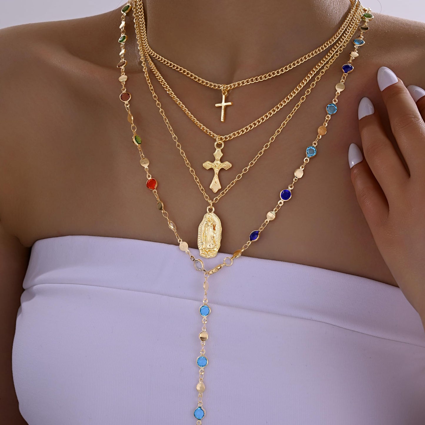 4PCS Layered Gold Cross Necklaces for Women Trendy, Bohemian Bead Pearl Y Long Pendant Necklace Set, Vintage Rosary Necklace Stack Adjustable Length